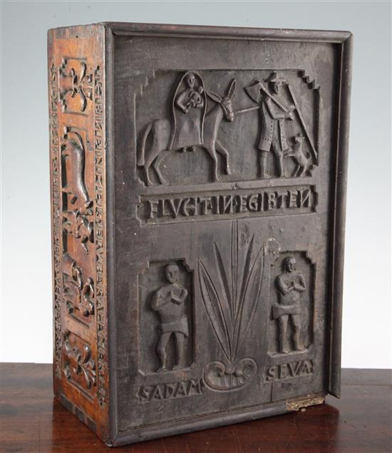 A 16th century style German carved fruitwood bible box, 15.5 x 10.5 x 6in.